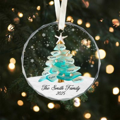 Personalized Sea Glass Family Tree Ornament featuring sea glass leaves and custom family name, coastal-style Christmas keepsake gift