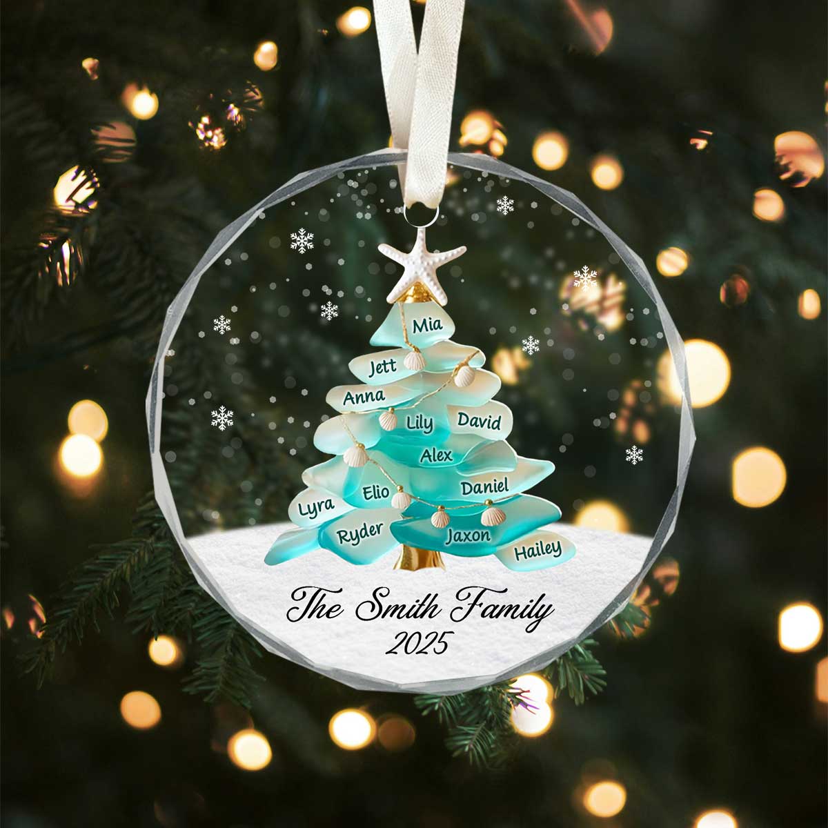 Personalized Sea Glass Family Tree Ornament – Custom Family Name Christmas Ornament, Coastal Holiday Keepsake, Unique Family Gift 1 Personalized Sea Glass Family Tree Ornament featuring sea glass leaves and custom family name, coastal-style Christmas keepsake gift