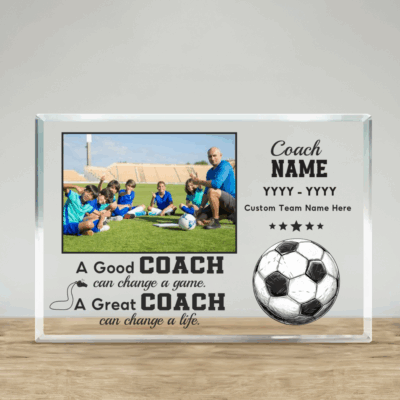 Personalized soccer coach acrylic plaque featuring team photo, coach’s name, and year – unique end-of-season thank-you gift from team.