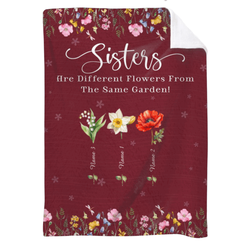 Personalized Sisters Birth Flower Blanket with custom floral design and names