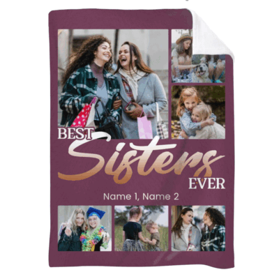 Best Sisters Ever Personalized Blanket featuring photo collage and custom names – perfect Christmas or birthday gift for sister.