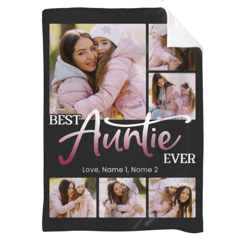 Best Auntie Ever Personalized Blanket with custom photo collage and names – Christmas or birthday gift from niece or nephew.