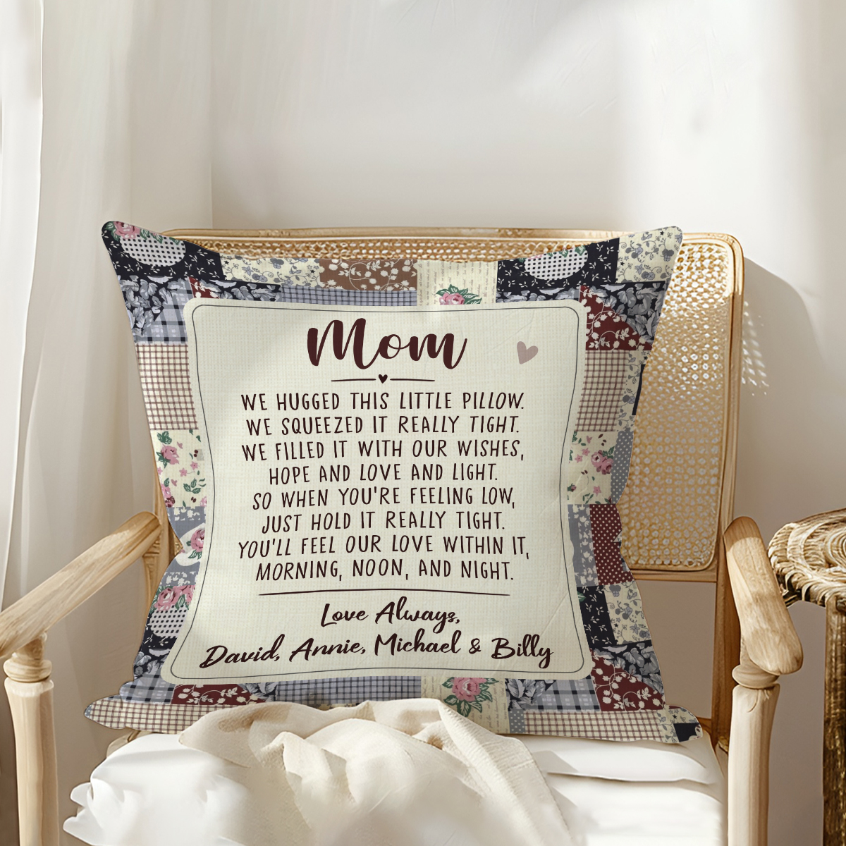 Personalized Mom Pillow - Custom Christmas Gift from Kids, We Hugged This Little Pillow, Sentimental Holiday Decor 1 Personalized Mom Pillow with “We Hugged This Little Pillow” message and kids’ names.