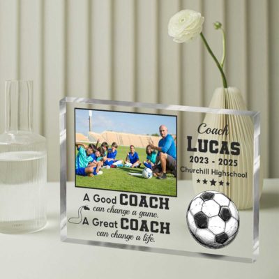 Personalized soccer coach acrylic plaque featuring team photo, coach’s name, and year – unique end-of-season thank-you gift from team.