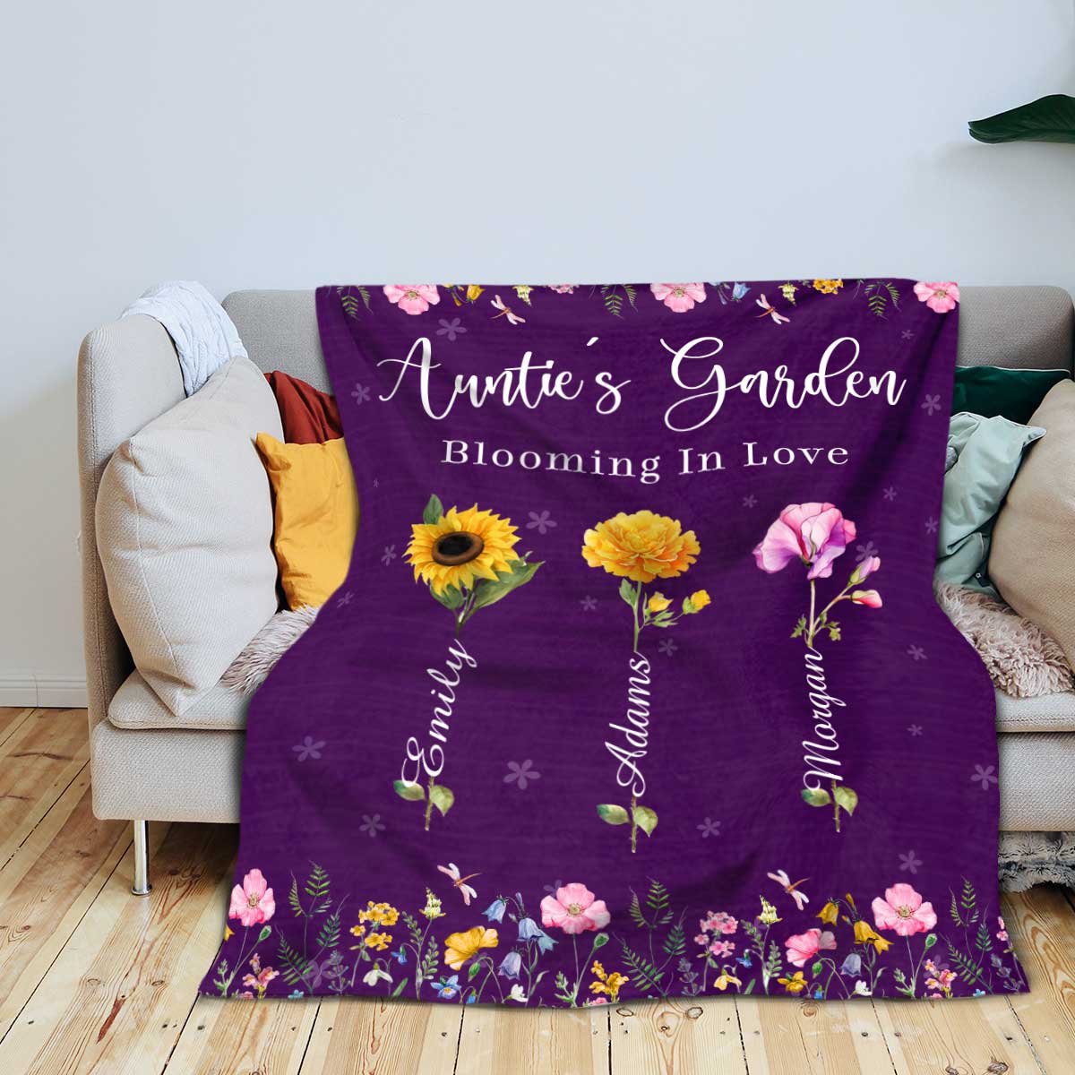 Personalized Aunt Birth Flower Blanket – Christmas Gift for Aunt from Niece or Nephew, Auntie’s Garden Custom Name Blanket, Aunt Birthday Gift 1 Personalized Aunt Birth Flower Blanket with custom names and floral design