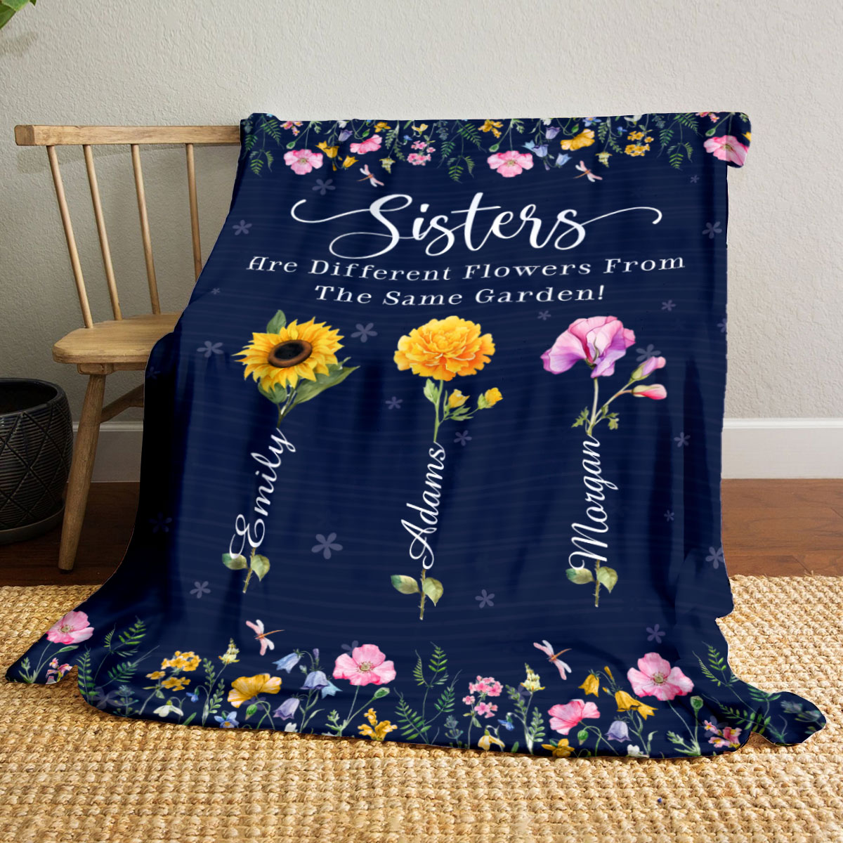 Personalized Sisters Birth Flower Blanket – Christmas Gift for Sister from Sister, Custom Floral Name Blanket, Unique Sister Gift 1 Personalized Sisters Birth Flower Blanket with custom floral design and names