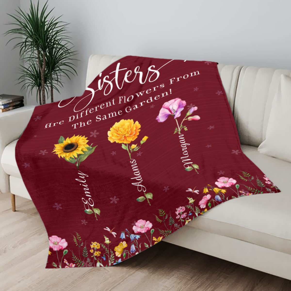 Personalized Sisters Birth Flower Blanket with custom floral design and names