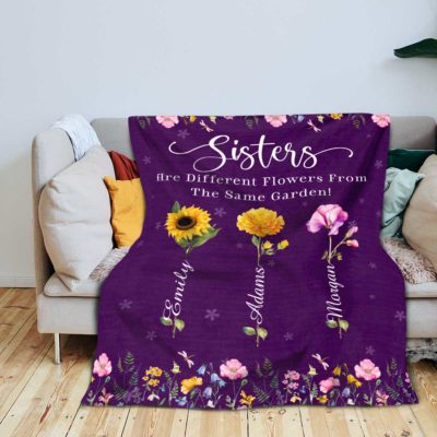 Personalized Sisters Birth Flower Blanket with custom floral design and names