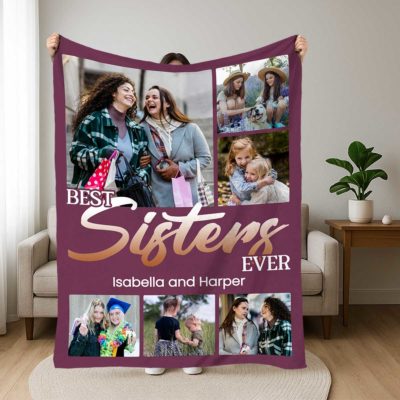 Best Sisters Ever Personalized Blanket featuring photo collage and custom names – perfect Christmas or birthday gift for sister.