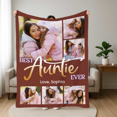 Best Auntie Ever Personalized Blanket with custom photo collage and names – Christmas or birthday gift from niece or nephew.