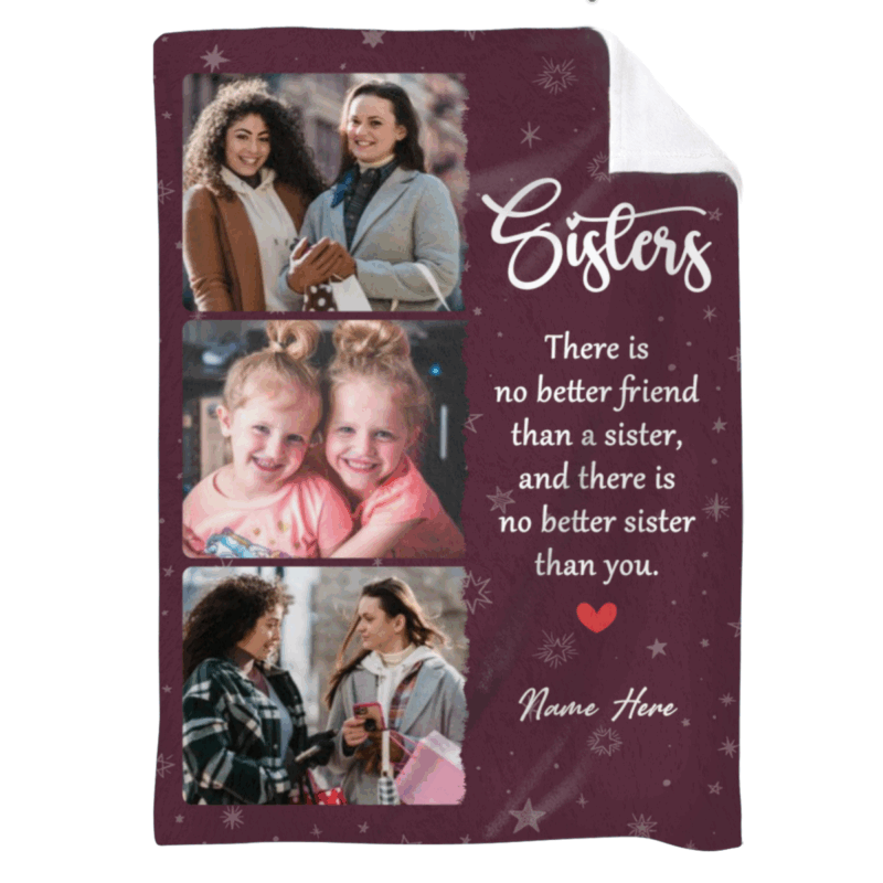 Personalized Sister Blanket with custom photos and names, sentimental Christmas gift from sister, cozy keepsake fleece blanket.