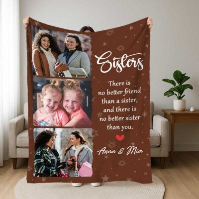 Personalized Sister Blanket with custom photos and names, sentimental Christmas gift from sister, cozy keepsake fleece blanket.