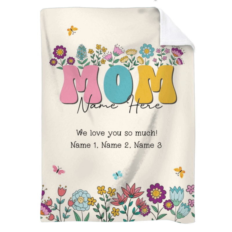 Personalized Mom Blanket featuring floral design and kids’ names, perfect Christmas or birthday gift from daughter or son.