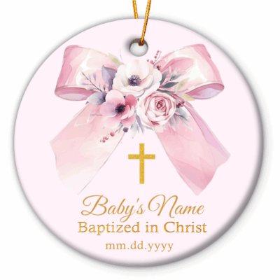 Custom Christening Christmas Ornament - Baptism Gift for Girl, Baby Name Gift, Personalized Porcelain Ornament, Baby Baptism Floral Gift