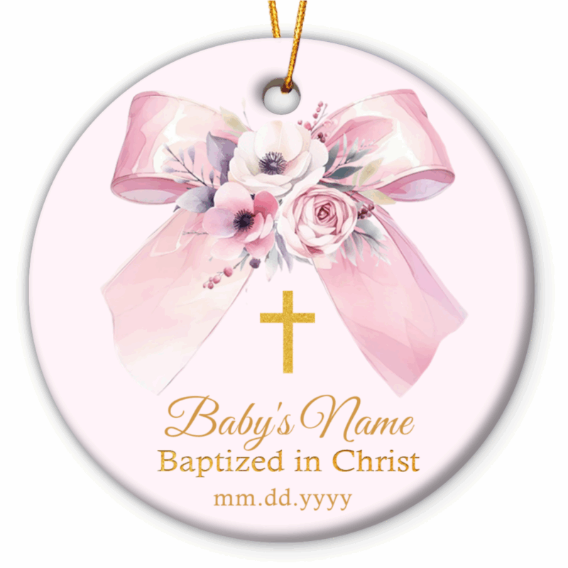 Custom Christening Christmas Ornament - Baptism Gift for Girl with floral bow and gold cross design. Custom name and date Christening gift, porcelain keepsake for baby’s baptism, dedication, or first Christmas celebration.