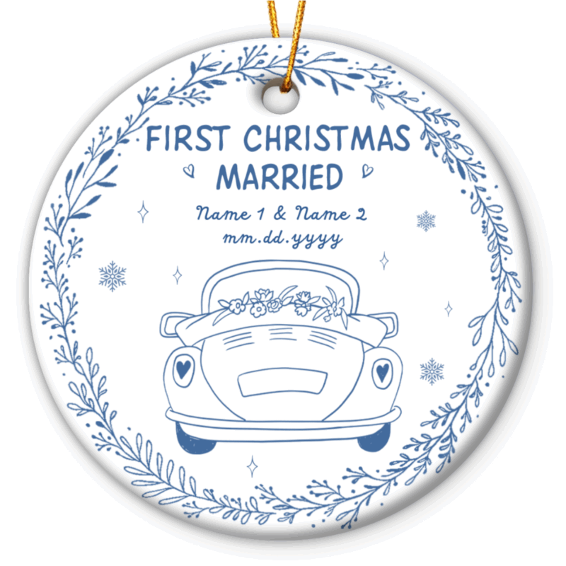 First Christmas Married Ceramic Ornament - Personalized Wedding Gift with couple’s names and wedding date. Elegant wedding keepsake and Christmas gift for newlyweds or married couples.