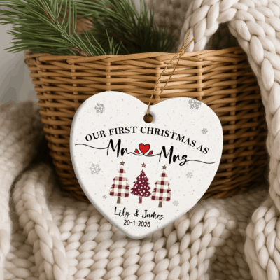 First Christmas Together Ornament - Wedding Gift for New Couple with couple’s names, wedding date, and Christmas tree design. Romantic gift for newlyweds, wedding keepsake, or first Christmas together decoration.