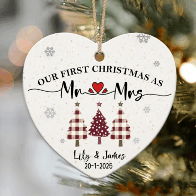 First Christmas Together Ornament - Wedding Gift for New Couple with couple’s names, wedding date, and Christmas tree design. Romantic gift for newlyweds, wedding keepsake, or first Christmas together decoration.