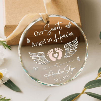 Personalized Baby Memorial Glass Ornament - Baby Loss Gift with angel wings, heart, and tiny footprints design. Custom name and date remembrance ornament - thoughtful baby loss gift and keepsake for grieving parents at Christmas.