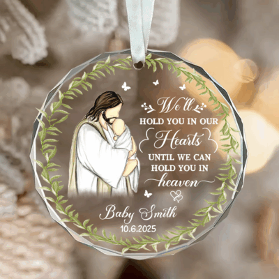 Custom Miscarriage Ornament – Baby Memorial Christmas Gift with Jesus holding baby design. Custom miscarriage or infant loss remembrance keepsake with name and date, thoughtful baby loss Christmas ornament for grieving parents.