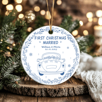 First Christmas Married Ceramic Ornament - Personalized Wedding Gift with couple’s names and wedding date. Elegant wedding keepsake and Christmas gift for newlyweds or married couples.