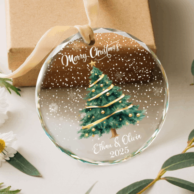 Personalized Couple Name Glass Ornament - Christmas Couple Gift for couples, printed with names and year, perfect Christmas gift or keepsake.