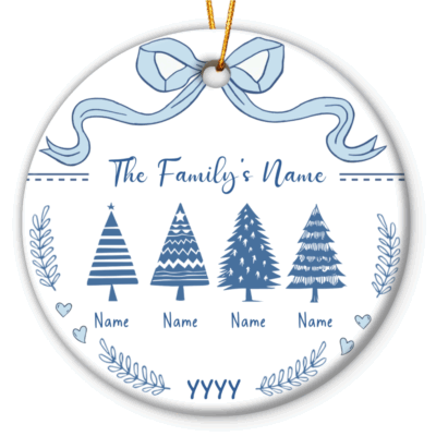 Custom Family Name Ceramic Ornament - Christmas Family Gift with custom names and year, featuring Christmas tree design and blue ribbon, holiday keepsake hanging on a Christmas tree.
