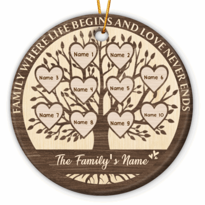 Custom Family Tree Ceramic Ornament - Family Christmas Gift with printed heart name design and quote “Family Where Life Begins and Love Never Ends,” personalized family Christmas gift keepsake hanging on tree.