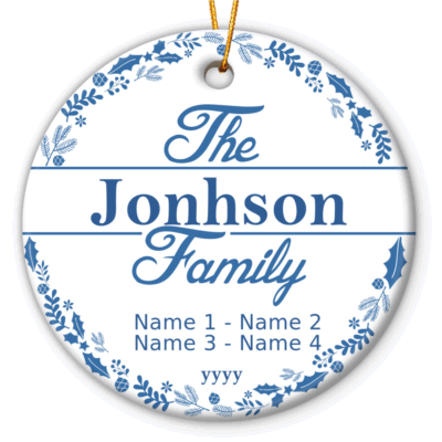 Personalized Family Name Ceramic Ornament - Family Christmas Gift with custom names and year, featuring elegant blue floral design, hanging on Christmas tree, holiday keepsake.