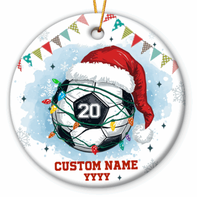 Personalized Soccer Christmas Ornament - Gift For Soccer Lovers featuring a soccer ball with Santa hat and Christmas lights, custom name and number, holiday gift for soccer players or sports lovers, keepsake hanging on Christmas tree.
