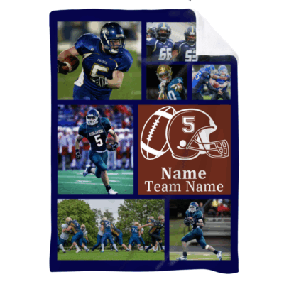 Custom Football Photo Blanket - Gift for Football Player with personalized photos, name, and number, featuring football helmet and field design, perfect gift for football players, senior night keepsake, displayed in living room.