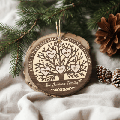 Custom Family Tree Ceramic Ornament - Family Christmas Gift with printed heart name design and quote “Family Where Life Begins and Love Never Ends,” personalized family Christmas gift keepsake hanging on tree.