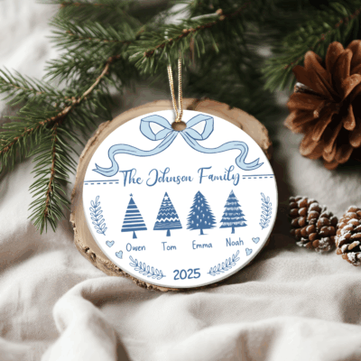 Custom Family Name Ceramic Ornament - Christmas Family Gift with custom names and year, featuring Christmas tree design and blue ribbon, holiday keepsake hanging on a Christmas tree.