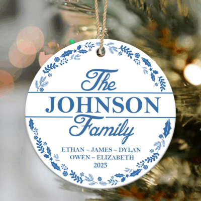 Personalized Family Name Ceramic Ornament - Family Christmas Gift with custom names and year, featuring elegant blue floral design, hanging on Christmas tree, holiday keepsake.