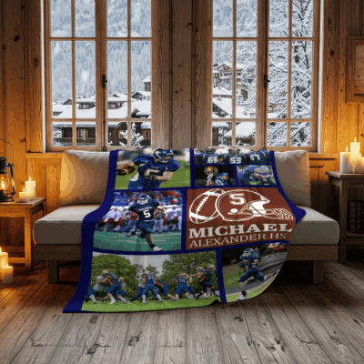 Custom Football Photo Blanket - Gift for Football Player with personalized photos, name, and number, featuring football helmet and field design, perfect gift for football players, senior night keepsake, displayed in living room.