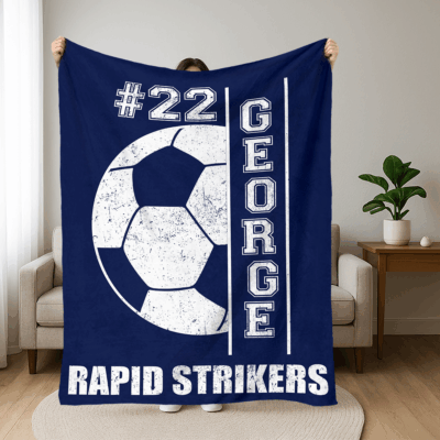 Personalized Soccer Blanket - Gift for Soccer Lovers featuring custom name, number, and team name, perfect gift for soccer players or fans, sports-themed throw blanket.