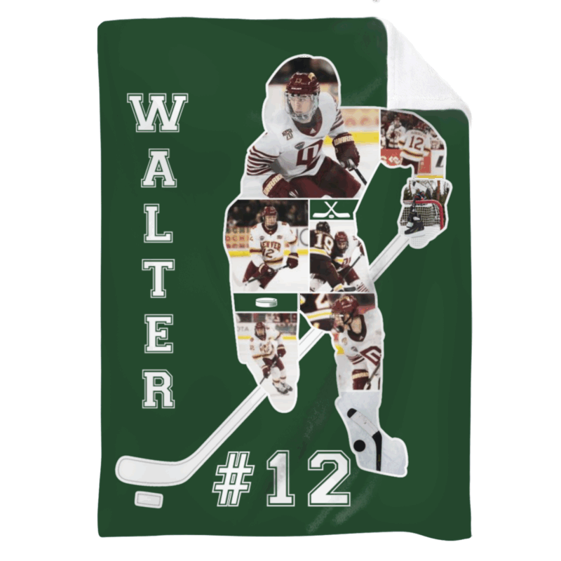 Custom Hockey Player Photo Blanket - Senior Hockey Gift featuring personalized player photos, name, and number, a unique gift for hockey players, seniors, or fans, perfect for Christmas or end-of-season celebration.
