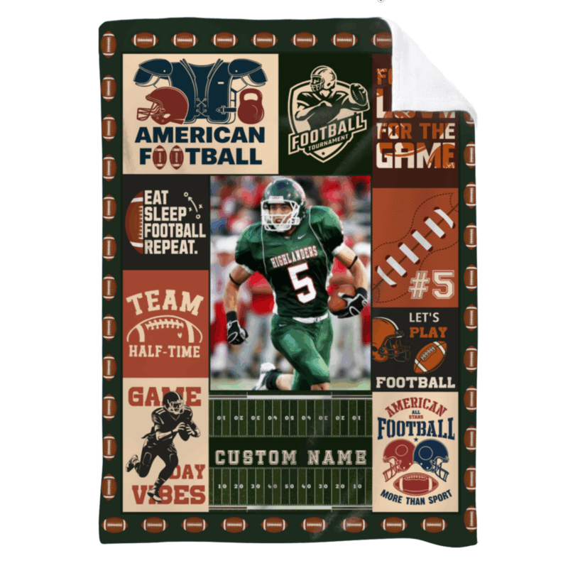 Personalized Football Lovers Photo Blanket - Football Gift for Sports Player featuring a custom photo of a player, football-themed graphics, and the custom name - a cozy, custom gift for football players and sports fans.