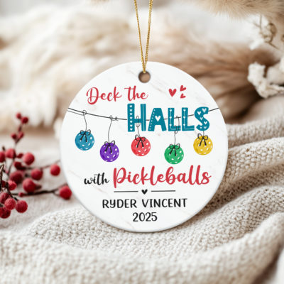 Custom Pickleball Ornament - Pickleball Christmas Gift featuring colorful pickleballs and “Deck the Halls with Pickleballs” design, personalized with name and year, unique holiday gift for pickleball players and teams.