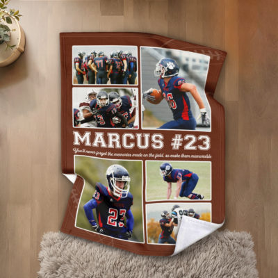 Personalized Football Photo Blanket - Gift for Football Player featuring custom player photos, name, and number, unique gift for football players, seniors, or teams, perfect for Christmas or end-of-year celebrations.
