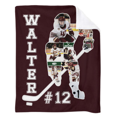 Custom Hockey Player Photo Blanket - Senior Hockey Gift featuring personalized player photos, name, and number, a unique gift for hockey players, seniors, or fans, perfect for Christmas or end-of-season celebration.