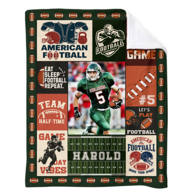 Personalized Football Lovers Photo Blanket - Football Gift for Sports Player featuring a custom photo of a player, football-themed graphics, and the custom name - a cozy, custom gift for football players and sports fans.