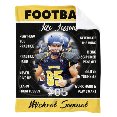 Personalized Football Life Lessons Blanket - Gift for American Football Player with custom photo of a player, motivational football quotes, and custom name - a unique custom gift for football players and sports fans.