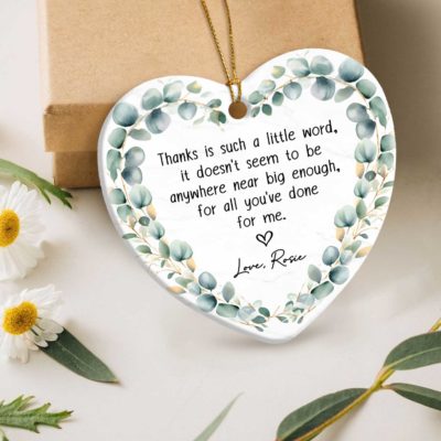 Personalized Thank You Ornament featuring custom name and year, holiday ceramic keepsake gift, appreciation ornament for teacher, mentor, coworker, or friend.