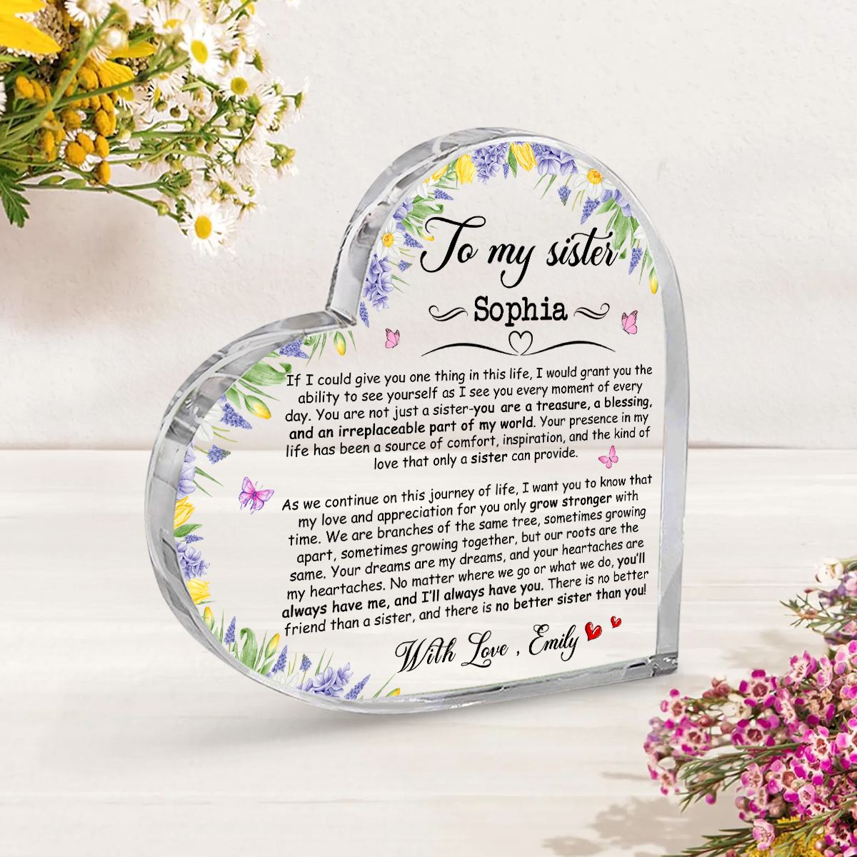 Personalized acrylic plaque for sister with custom name and message, ideal Christmas or birthday keepsake from little sister.