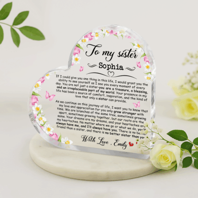 Personalized acrylic plaque for sister with custom name and message, ideal Christmas or birthday keepsake from little sister.