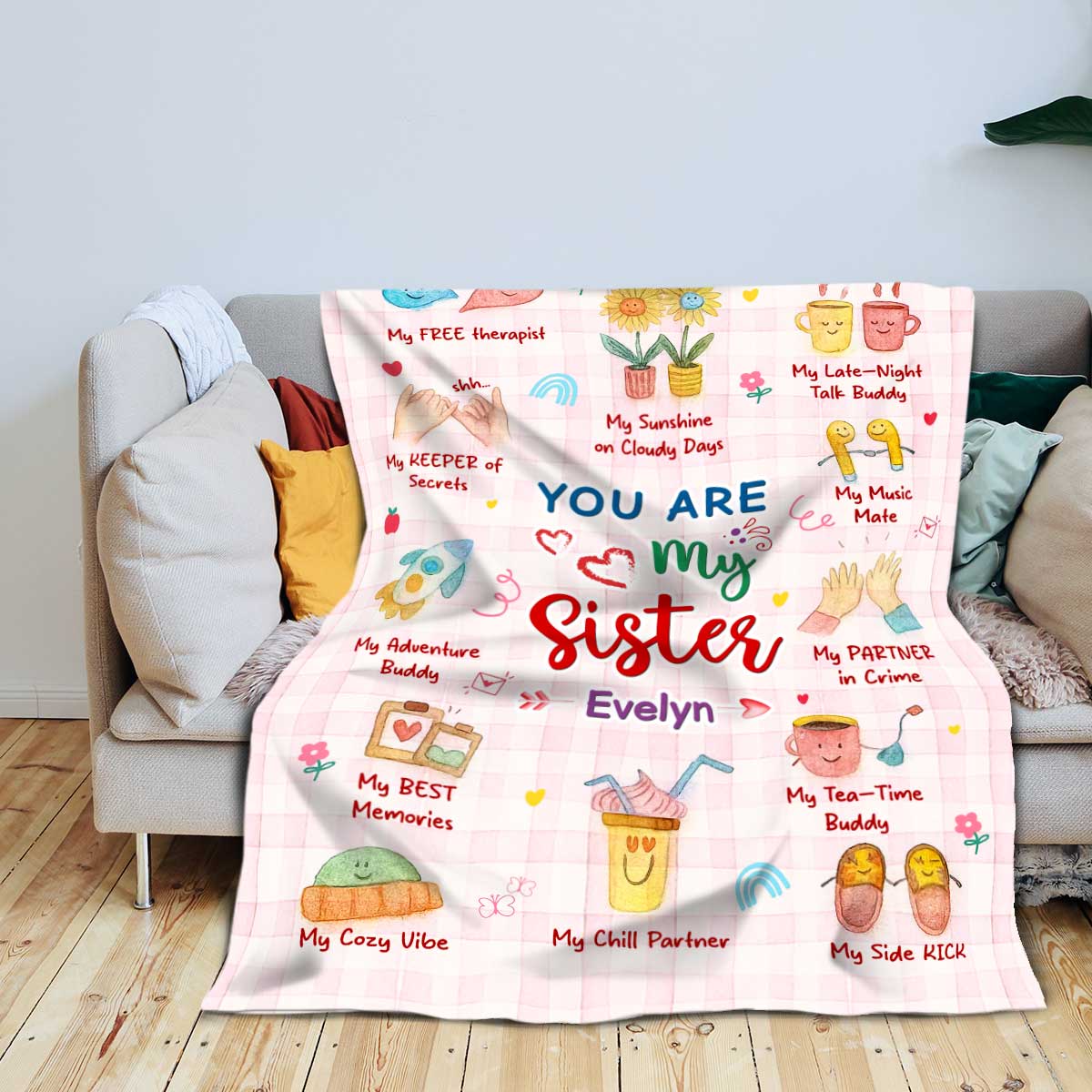 Personalized sister blanket with “You Are My Sister” message, cozy Christmas or birthday gift from sister, sentimental keepsake for sisters.