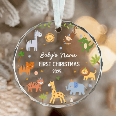 Personalized baby first Christmas name ornament with safari theme, custom glass ornament keepsake for baby boy, new baby holiday gift 2025.