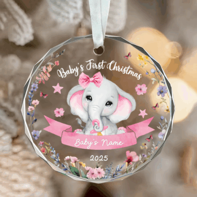 Personalized baby girl first Christmas ornament 2025 with cute elephant design, custom newborn glass keepsake gift for baby’s first holiday.