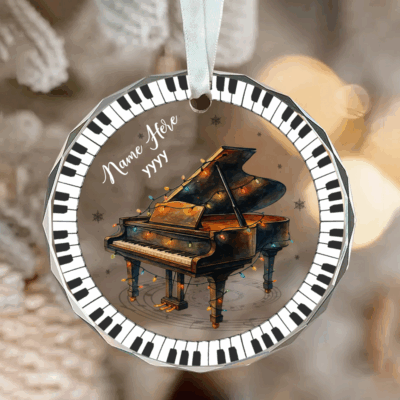Personalized piano ornament with custom name, music-themed Christmas gift for pianist or music lover, elegant black and white keepsake decoration.